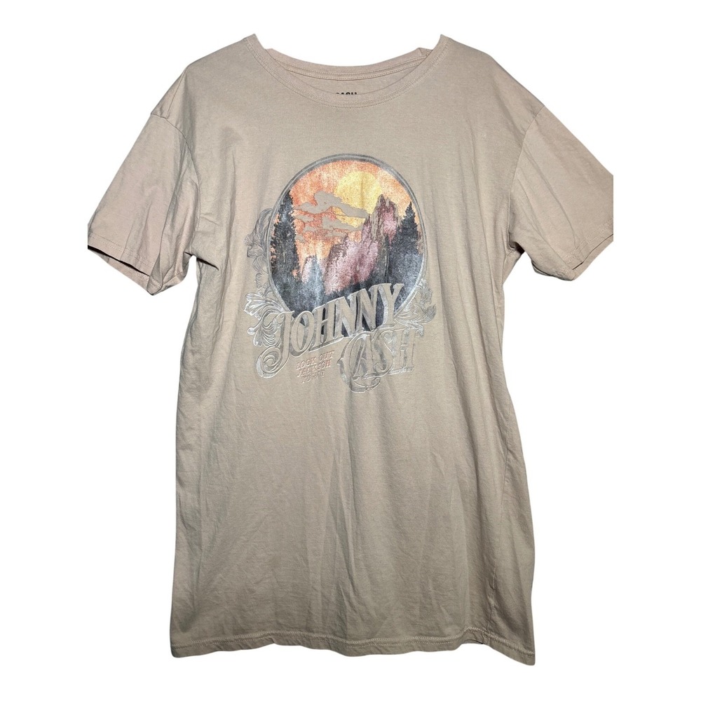 Johnny‎ Cash Graphic T-Shirt Tan Beige Silver Foil Look Out Jackson Town Size 10